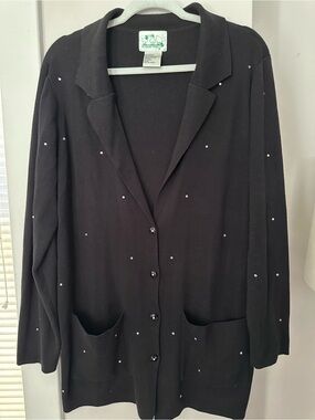 Vintage Quacker Factory Black Rhinestone Knit Blazer Cardigan Jacket Sz L